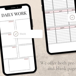 May include: A digital planner with a daily work checklist. The planner has a black and white design with a checkmark next to the word "Blank" and the word "Filled" next to a checkmark. The planner is on a phone screen.