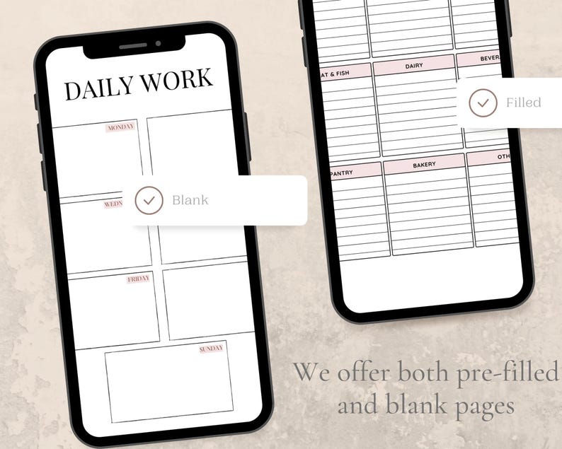 May include: A digital planner with a daily work checklist. The planner has a black and white design with a checkmark next to the word "Blank" and the word "Filled" next to a checkmark. The planner is on a phone screen.
