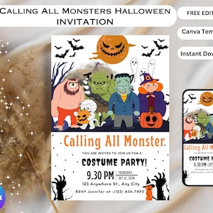 Calling All Monsters Halloween Party Invitation, Kids Halloween Party Invite Template, Monster Invitation, Editable Canva Template