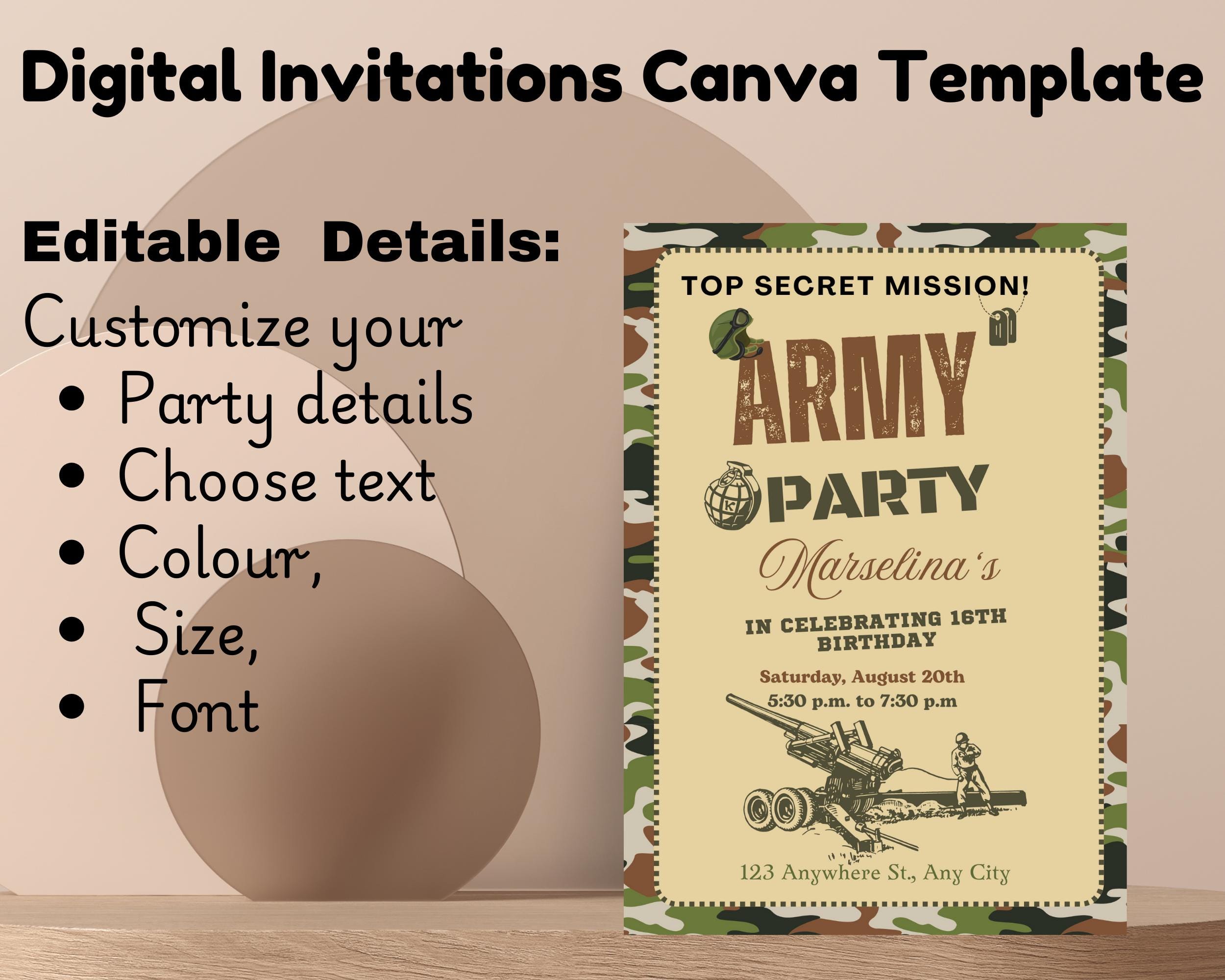 Editable Army Birthday Invitation, Military Party Invitations, Soldier ...