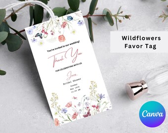 May include: A white favor tag with a floral design and the text "Wildflowers Favor Tag". The tag also includes the text "You're invited to our wedding! Thank You for celebrating with us" and details for a bridal shower.