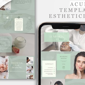 May include: A green and white mobile phone screen displaying a website for a beauty salon called "Luxe Skin by Ava". The website features images of a woman receiving a facial treatment, a clock icon, and a contact section with a phone number, email address, and website address. The text "Acuity Template Esthetician" is displayed at the top of the screen.