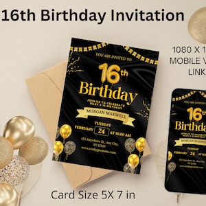 16th Birthday Invitation Template, Black Gold Sweet 16th Birthday Invite, Editable Template, Sixteen Birthday Celebration, Instant Download