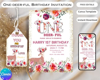 Oh Deer Girls Birthday Party Invitation, Our Baby Girl Is One Invite, What A One-Deer-Ful Year, Easy To Edit, Digital Download