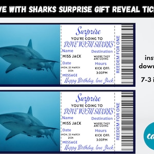 BUCEO CON TIBURONES Plantilla de boleto de revelación de regalo sorpresa, vale de regalo, experiencia de buceo en jaula, buceo con tiburones, descargable, plantilla de boleto