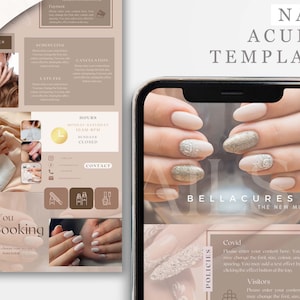 May include: A template for a nail salon's online booking system. The template features a photo of manicured nails with glitter and a light pink base. The text "NAIL ACUITY TEMPLATE" is at the top of the image. The text "BELLACURES THE NEW MUST" is at the bottom of the image. The template also includes a section for policies, with the headings "Covid" and "Visitors".