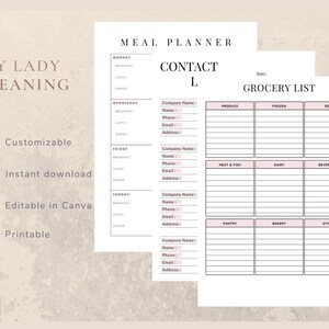 May include: Printable meal planner and grocery list template with a contact list section. The template is customizable and editable in Canva. The template has a light pink, gray, and brown color scheme.