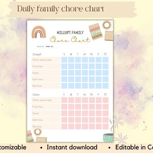 2 kid chore chart, edit chore charts for teens, checklist for kids teens, interactive visual schedule for older kids, to-do list pdf