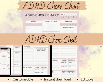 Puede incluir: Un gráfico de tareas de TDAH digital con una paleta de colores suaves. El gráfico incluye secciones para el estado de ánimo, los objetivos, el clima y los recordatorios. El texto "ADHD Chore Chart" se muestra de forma destacada. La imagen también muestra un teléfono y una tableta que muestran el gráfico. La parte inferior de la imagen dice "Personalizable", "Descarga instantánea" y "Editable".