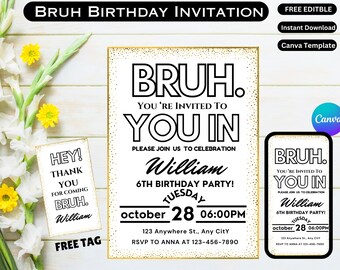 Modello di invito di compleanno di Bruh, invito di Bruh, invito per festa di giochi per ragazzi, invito di piscina di Bruh, modificabile in Canva, download digitale