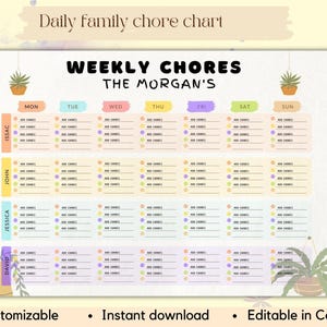 May include: A printable weekly chore chart for a family with the names Isaac, John, Jessica, and David. The chart is colorfully designed with a pastel color scheme and features illustrations of potted plants. The chart is customizable and editable in Canva.