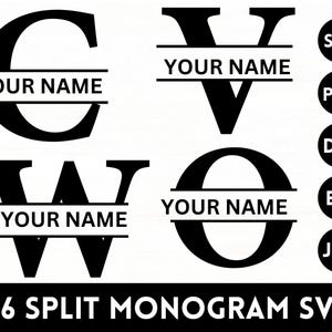 Puede incluir: Un conjunto de 26 archivos SVG de monograma dividido para manualidades y diseño. Cada archivo presenta una letra negra con una línea horizontal para agregar un nombre. El texto "YOUR NAME" se muestra en la línea.