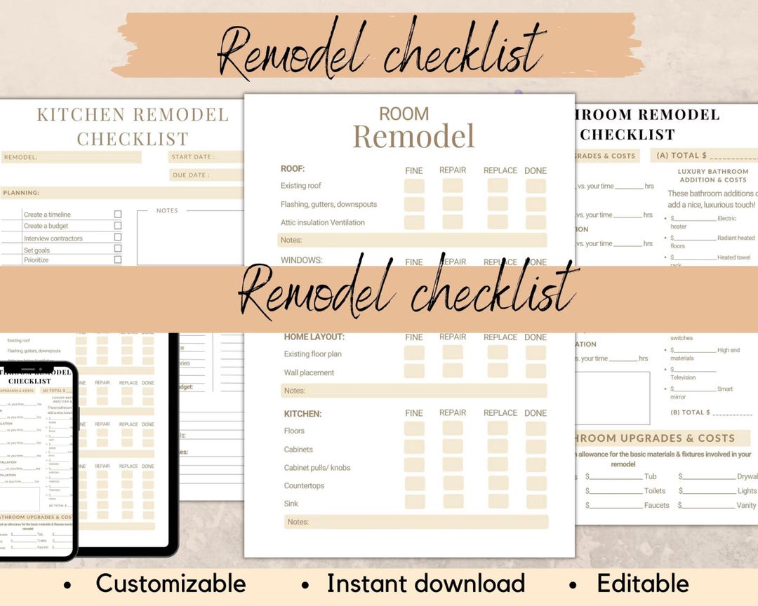 Home Renovation Planner, Kitchen Renovation Remodel Checklist, Bathroom ...