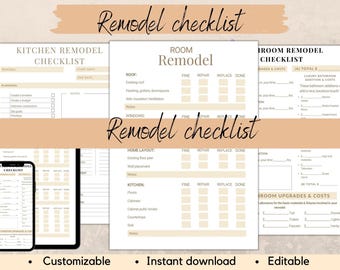 May include: A printable checklist for home remodeling projects. The checklist includes sections for kitchen, bathroom, and room remodel. The checklist is customizable, editable, and includes a section for costs.