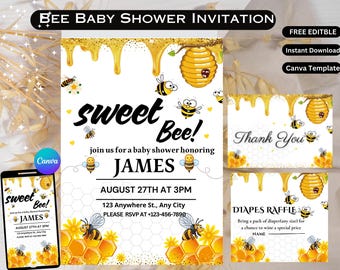 Editable Bee Baby Shower Invitation,As Sweet Can Bee Shower Invite,Honey Bee Baby Shower Invitation,Bee Baby Shower Decor,Editable Template