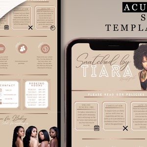 Könnte beinhalten: Der Bildschirm eines Mobiltelefons zeigt eine Website-Vorlage für einen Friseursalon. Die Vorlage hat ein rosafarbenes und goldenes Farbschema mit dem Text "Snatched by TIARA" und einem Foto einer Frau mit langen schwarzen Haaren. Die Website enthält auch Informationen über Online-Terminplanung, Stornierungsbedingungen und verspätete Gebühren.