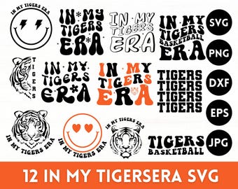 May include: A collection of 12 digital designs with the text "In My Tigers Era" in various fonts and styles. Includes a tiger face, a smiley face with lightning bolts, and file type icons such as SVG, PNG, DXF, EPS, and JPG.