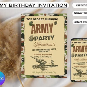 Faire-part d'anniversaire modifiable de l'armée, faire-parts de fête militaire, fête d'anniversaire de soldat, faire-part pour enfants, tout âge, téléchargement immédiat