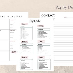 May include: A printable checklist for cleaning your home using the Fly Lady method. The checklist is divided into six zones, each with a list of tasks to complete. The zones include the kitchen, family room, bedroom, living room, bathroom, and laundry room.