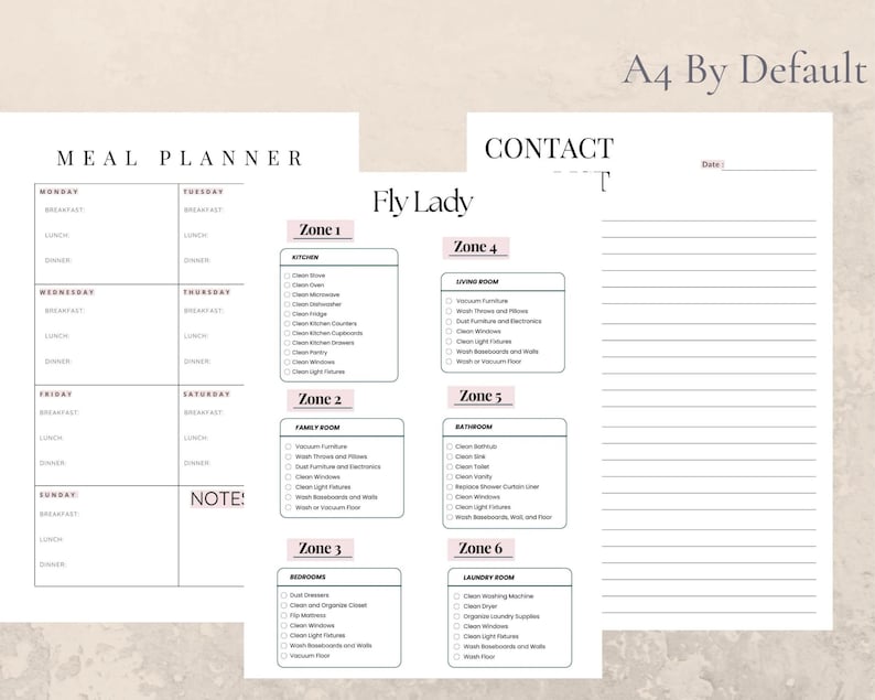 May include: A printable checklist for cleaning your home using the Fly Lady method. The checklist is divided into six zones, each with a list of tasks to complete. The zones include the kitchen, family room, bedroom, living room, bathroom, and laundry room.