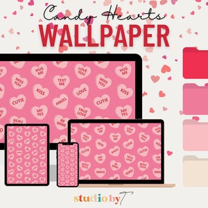 Candy Hearts Desktop Wallpaper (Valentines Day Cute Valentines Day Desktop Wallpaper, Macbook Wallpaper, Desktop Wallpaper)| Instant