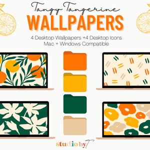 Puede incluir: Un conjunto de cuatro fondos de pantalla digitales para escritorio con patrones abstractos en naranja, amarillo, verde y beige. Los fondos de pantalla se muestran en pantallas de portátiles con iconos de carpetas en colores a juego. El texto "Tangy Tangerine WALLPAPERS" está en la parte superior de la imagen.