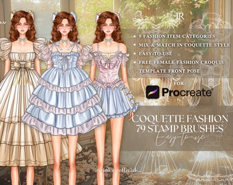 79 Procreate Stamps Brushes - Coquette Fashion Dress Template for Fashion Design Illustration