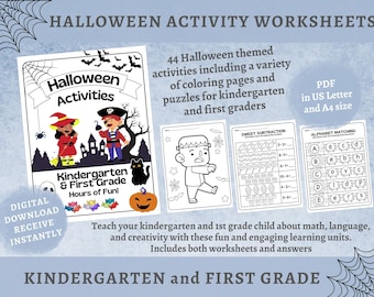 Halloween Activity Worksheets Kindergarten-1st grade, 44 Worksheets about math, language, and creativity. Instant Download