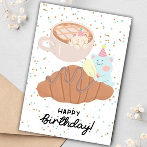 Verjaardagskaart koffie en croissant | Pdf direct downloaden | Verjaardagskaart koffie, verjaardagskaart gebak