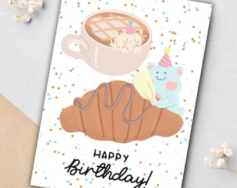 Cartão de aniversário com café e croissant | Download instantâneo em PDF | Cartão de aniversário com café, cartão de aniversário com doces