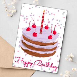 Cherry Layer Cake Birthday Card | PDF Instant Download | Birthday Cake Card, Cake Birthday Card, Happy Birthday Card