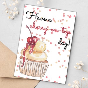 Tarjeta de cupcake con cerezas encima / Descarga instantánea en PDF / Tarjeta de felicitación con cupcakes para los mejores deseos y mensajes de buena suerte