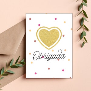 Tarjeta de agradecimiento en portugués para imprimir / Descarga instantánea en PDF / Tarjeta de agradecimiento con corazón dorado, Tarjeta de agradecimiento, Tarjeta de agradecimiento en portugués