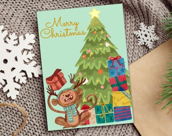 Printable Fun Christmas Card | PDF Digital Download | Joyful Monkey Christmas Card | Green Christmas Card