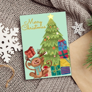 Cartão de Natal divertido para impressão | Baixar PDF Digital | Cartão de Natal alegre do macaco de <br> Entrega Rápida? Cartão de Natal Verde