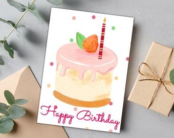 Strawberry Cake Birthday Card Printable | PDF Instant Download | Birthday Cake Card, Cake Birthday Card, Happy Birthday Card