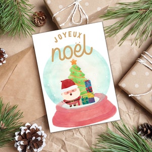 Wydrukuj świąteczną kartkę z kulą śnieżną Świętego Mikołaja | Pobierz plik PDF w wersji cyfrowej | Karta Joyeux Noel | Francuska kartka świąteczna