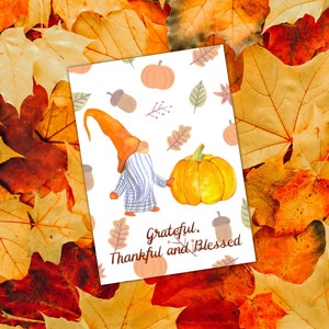 Herbst Gnom Kürbis Danksagungskarte Printable | PDF Sofort-Download | Dankbar Dankbar gesegnet, glückliches Erntedankfest, Herbst-Zwerg-Kürbis