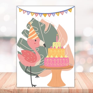 Cartão de aniversário imprimível do flamingo | Baixar PDF Digital | Cartões de aniversário para ela, cartão de aniversário divertido, cartão de aniversário fofo