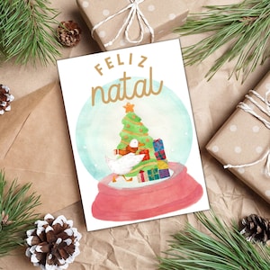 Printable Snow Globe Christmas Card | PDF Digital Download | Duck Snow Globe Card | Feliz Natal Card | Portuguese Christmas Card