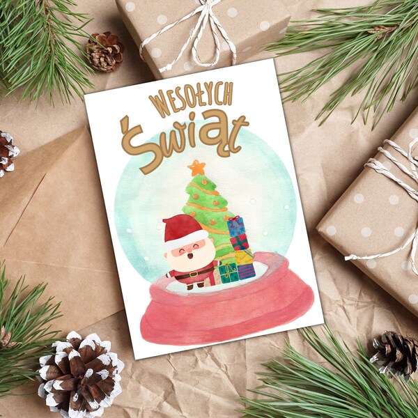 Carte de Noël Boule à neige du Père Noël | Téléchargement numérique PDF | Carte Wesolych Świąt | Carte de Noël polonaise, jolie carte de Noël polonaise imprimable