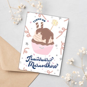 Carte d'anniversaire Queque de Chocolate | Téléchargement instantané PDF | Carte d'anniversaire portugaise, carte d'anniversaire cupcake