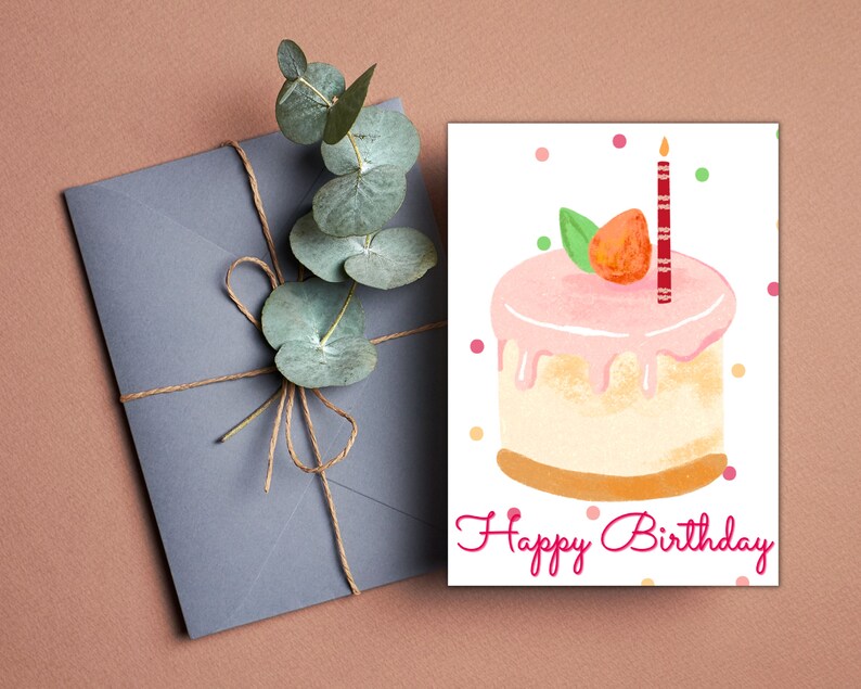 Strawberry Cake Birthday Card Printable PDF Instant Download Birthday ...