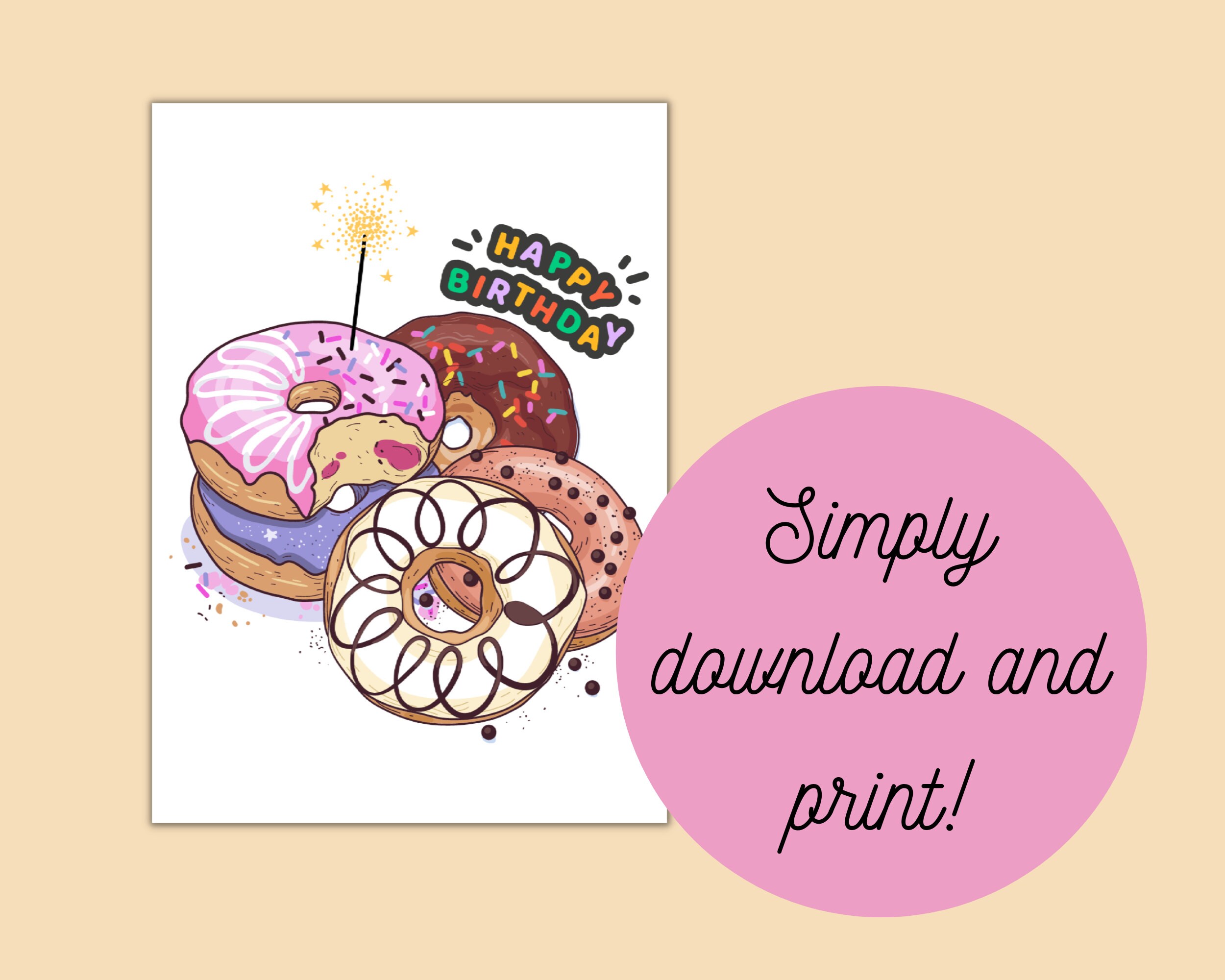 Doughnut Birthday Card Printable PDF Instant Download Happy Birthday