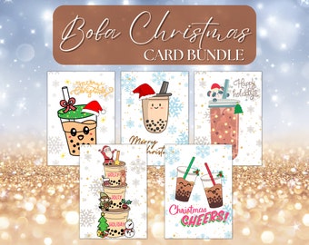Boba Christmas Card Bundle | PDF Instant Download | Bubble Tea Christmas Card, Printable Boba Christmas Card