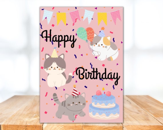 Printable Birthday Card PDF Digital Download Birthday Cat - Etsy