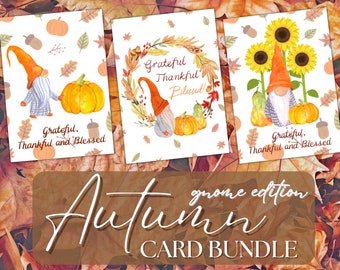 Gnome Autumn Card Bundle Printable | PDF Instant Download | Gnome Thanksgiving Card Bundle, Happy Thanksgiving, Blessed Cards, Autumn Cards