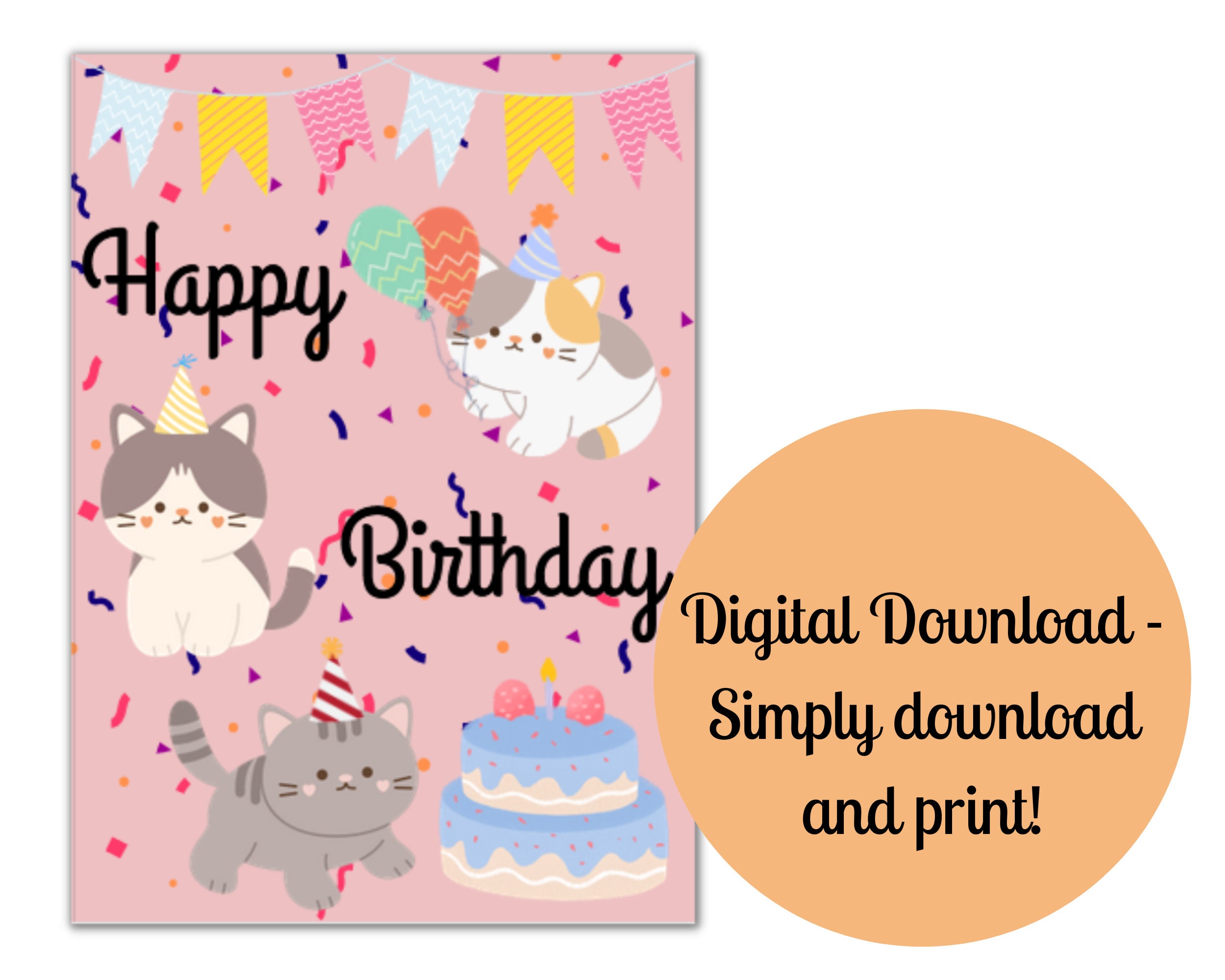 Printable Birthday Card | PDF Digital Download | Birthday, Cat Birthday ...