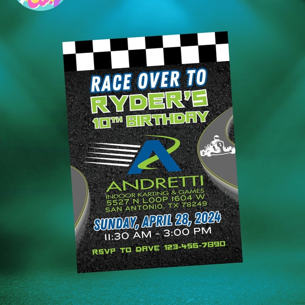 Andretti Indoor Karting, Racing Birthday Party, Invitation, Custom, Printable, Digital Invite, Race, Racing, Go Kart, Party, Boy Party, Teen