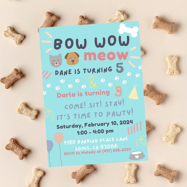 Cat Dog Party, Joint Party, Boy Girl Party, Twin, Kitty, Doggy, Custom Invitation, Birthday, Third, Fifth, Bow Wow, Meow, Birthday, Kids